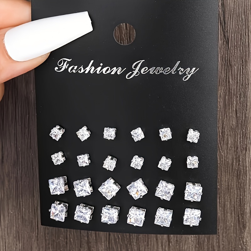 48pcs Rhinestone Stud Earrings Set Round Square Shapes Stainless S